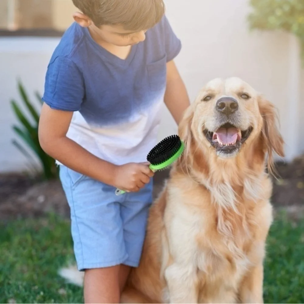 Dog Brush for Shedding Two Sided Lime Green Rubber Grip 2 in 1 Pet Brush